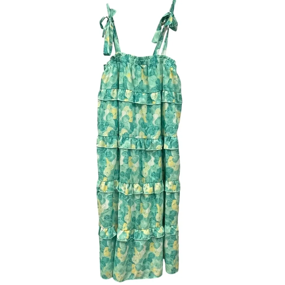 Green Yellow Floral Ruffle Tie Strap‎ Maxi Dress Women's Medium Tiered Boho